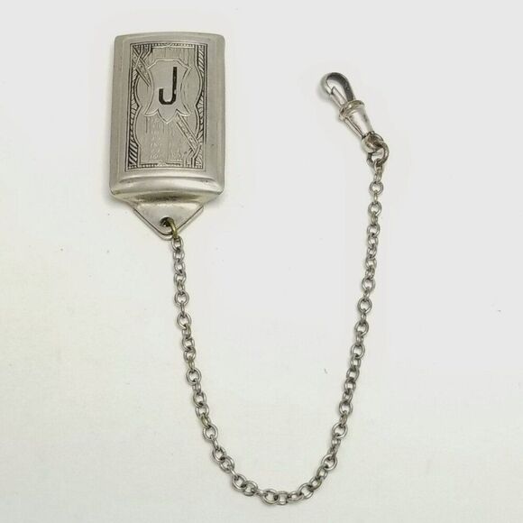 Vintage Watch Chain, J Monogram Slide and Dog Clip, True Silver Plate. Estate - Picture 1 of 8